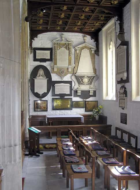 The Australia Chapel in St Nicholas Church, Bathampton, near Bath, England. The memorial to the first governor of New South Wales (Arthur Phillip) is on the right hand wall, immediately above the dark square plaque. Photographed by Adrian Pingstone