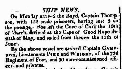 Arrival at Port Jackson of the convict ship Boyd in 1809. Sydney Gazette 20 August 1809