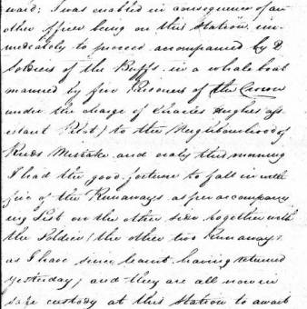 Correspondence from Lieutenant Owen of the Buffs to Headquarters re. the escape of convicts on the Eclipse. Charles Hughes assistant pilot in pursuit boat