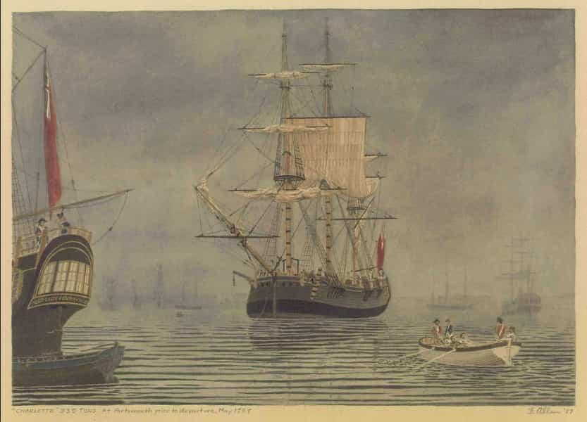 Frank Allen, The Charlotte at Portsmouth, May 1787 (1987). Fellowship of First Fleeters.