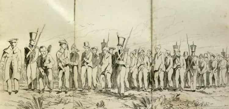 Backhouse, Edward, A chain gang, convicts going to work near Sidney [i.e. Sydney], New South Wales, from A narrative of a visit to the Australian colonies