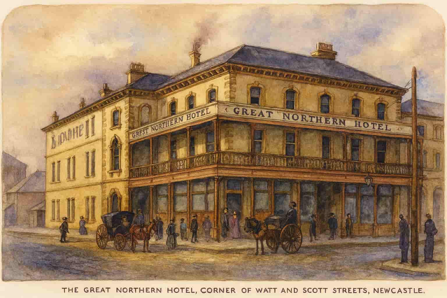 AI generated image of Great Northern Hotel, Watt Street Newcastle from Australian Town and Country Journal (Sydney, NSW : 1870 - 1907) Sat 4 Oct 1879
