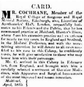James Cochrane - Sydney Herald 9 April 1835