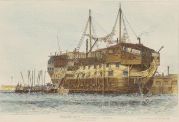 Prison ship in Portsmouth harbour. Prisoners going aboard. c. 1829. Creator Wiliam Edward Cooke