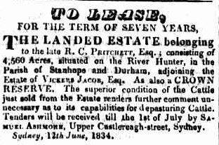 Richard Pritchett's land advertised for lease in 1834