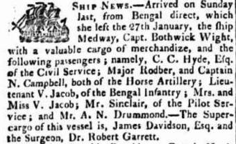 Arrival of Vicars Jacob Hobart Town Gazette 20 April 1822