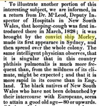 The Convict Ship Morley brought whooping cough to the colony in 1828